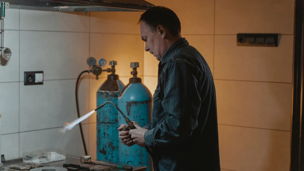 Homeowner using a wrench to tighten a pipe under a kitchen sink during a DIY plumbing repair