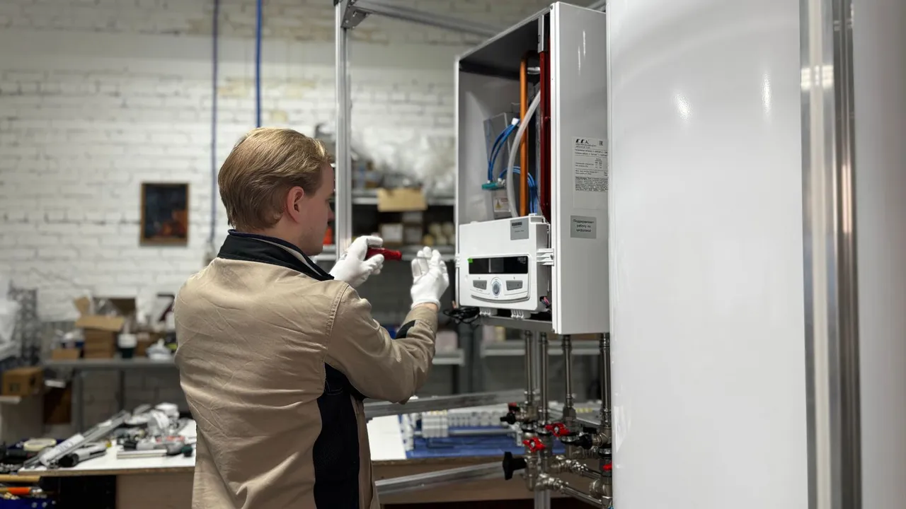 Plumber inspecting a residential water heater tank