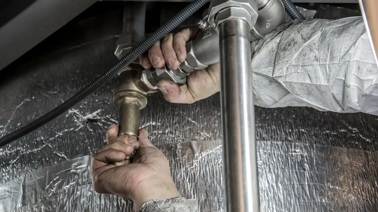 Water spraying from a burst pipe under a sink